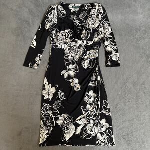 Lauren Ralph Lauren Black White Floral Print Faux Wrap Dress Women's Size 10